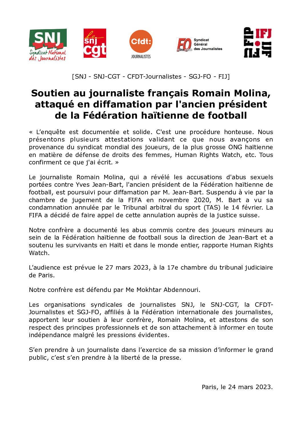 Communiqués de presse – Soutien au journaliste français Romain Molina, attaqué en diffamation par l’ancien président de la Fédération haïtienne de football